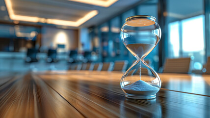 Clear hourglass on office table.