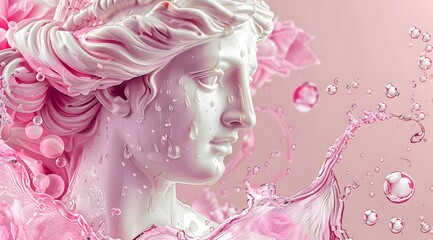 Statue head in Greco-Roman style, ancient model of female beauty, pastel pink composition with water drops