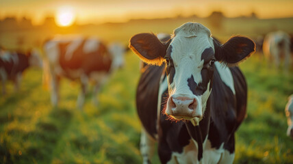 A cow in a field at sunset
