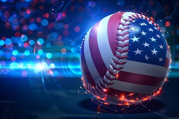 Bold icon of a baseball with American flag motifs, representing Americas favorite pastime on Independence Day, in vibrant red, white, and blue, Technology concept, futuristic background.
