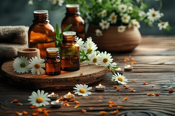 Serenity Spa: Essential Oils Amidst Daisies. Concept Spa Experience, Essential Oils, Daisies,...