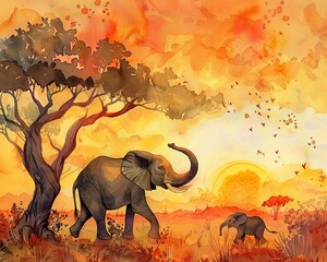 Charming scene of a cartoon elephant mother swinging her calf with her trunk, set against a sunset in the savannah, painted in rich watercolor hues.