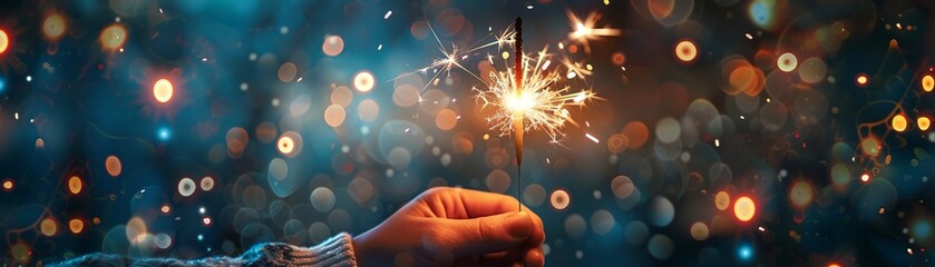 Icon depicting a sparkler held aloft, with stars falling gently around, captured in a moment of glittering celebration, in patriotic red, white, and blue, Technology concept, futuristic background.