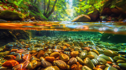 A crystal-clear stream meandering through a vibrant forest, with smooth pebbles visible through the transparent water. 32k, full ultra hd, high resolution