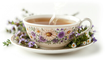 A steaming teacup with floral design surrounded by flowers