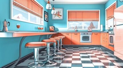 Illustration of a retro diner-style kitchen with chrome accents and vinyl bar stools