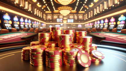 Luxurious casino interior with stacks of chips on a gaming table, inviting high rollers. Bokeh lights add ambiance, suggesting affluence and thrill - obrazy, fototapety, plakaty