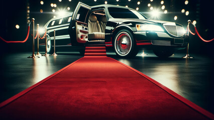 Luxurious limousine with open door on a red carpet, flanked by velvet ropes and spotlights, exuding VIP status and exclusivity. Copy space