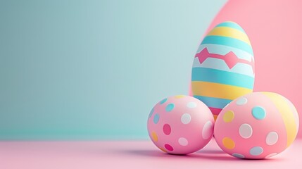 Fototapeta na wymiar A group of three colorful easter eggs on a pink and blue background, AI