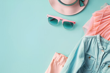 Top view of female clothes and accessories on pastel blue background