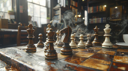Chess pieces on a board with smoke - obrazy, fototapety, plakaty