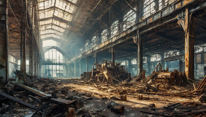 Fototapeta premium Post-apocalyptic ruined industrial hall with debris of lost factory. Old abandoned factory.