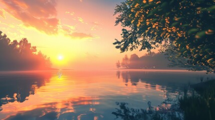 Luminous 3D glow enveloping a tranquil lake at sunrise