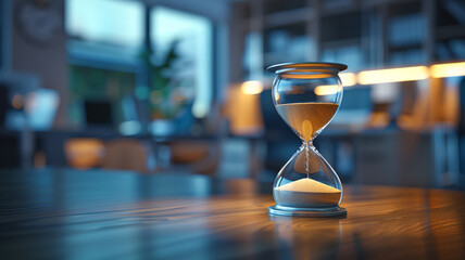 Hourglass on a modern office desk. - obrazy, fototapety, plakaty