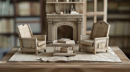 Miniature paper furniture crafted with precision and attention to detail