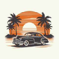 car with sunset and retro-style palm vector t shirt design 