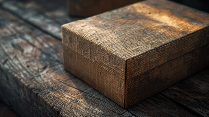 A wooden box on a rustic surface.