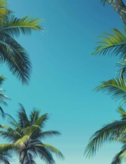 Fototapeta na wymiar Tropical Paradise, a blue sky with palm trees, summer tourism poster background 