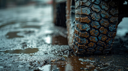 Close-up of a muddy tire on wet ground. - obrazy, fototapety, plakaty