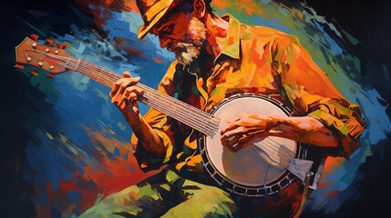 Old man playing banjo - obrazy, fototapety, plakaty