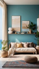 A blue room with a couch and a potted plant. The couch is covered with pillows and a blanket. The room has a beach theme with a potted plant and a vase