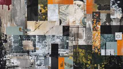 Mixed media collage incorporating elements of nature with the stark geometry of neo brutalist structures