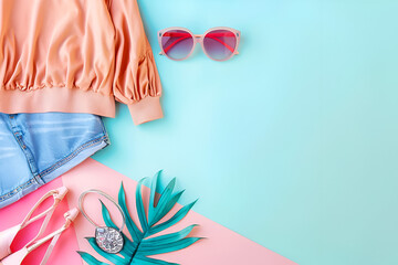Clothes and accessories on pastel background, top view