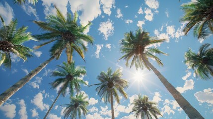 Fototapeta na wymiar Tropical Paradise, a blue sky with palm trees, summer tourism poster background 
