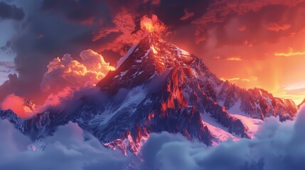 Radiant 3D glow illuminating a majestic mountain peak
