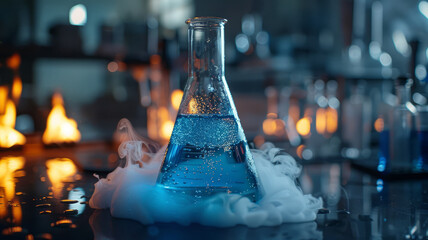 Erlenmeyer flask with blue liquid and smoke on lab table