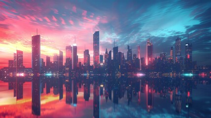 Sci fi 3D rendering of a futuristic city skyline at night - obrazy, fototapety, plakaty