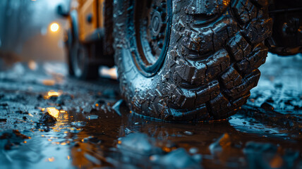 Close-up of a muddy off-road vehicle tire.