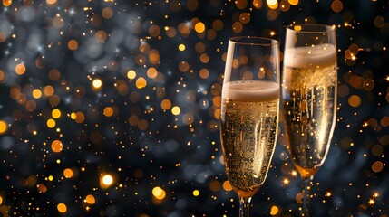 cheers champagne alcohol glasses clinking sparkling wine festive bokeh light golden particle black background bottle happy new year celebration invitation party night evening event card copy space - obrazy, fototapety, plakaty