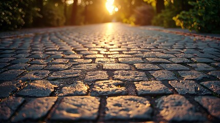 Sunlit cobblestone after rain with golden reflections at sunset - obrazy, fototapety, plakaty