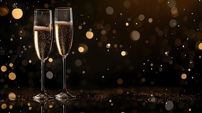 cheers champagne alcohol glasses clinking sparkling wine festive bokeh light golden particle black background bottle happy new year celebration invitation party night evening event card copy space
