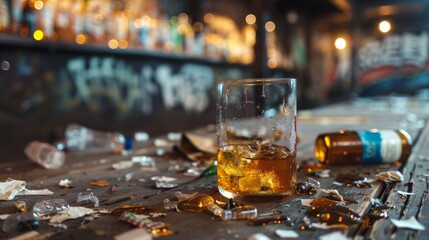 A glass of alcohol and broken bottles on a table, AI - obrazy, fototapety, plakaty