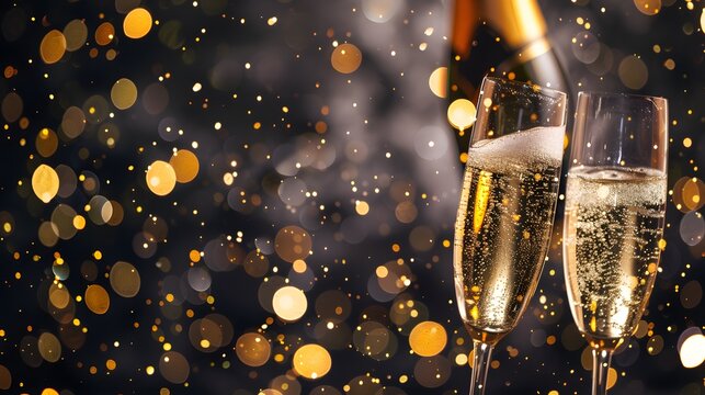 cheers champagne alcohol glasses clinking sparkling wine festive bokeh light golden particle black background bottle happy new year celebration invitation party night evening event card copy space