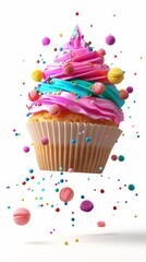 Birthday cupcakes with vibrant frosting 3D style isolated flying objects memphis style 3D render   AI generated illustration