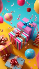 Birthday presents wrapped in bright colors 3D style isolated flying objects memphis style 3D render   AI generated illustration