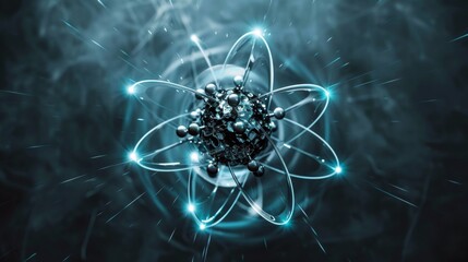 A glowing blue atomic structure with a black background, AI - obrazy, fototapety, plakaty