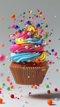 Birthday cupcakes with vibrant frosting 3D style isolated flying objects memphis style 3D render  AI generated illustration