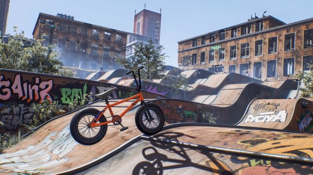Fototapeta BMX bikes and ramps in a vibrant urban backdrop  AI generated illustration