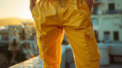 Man in yellow pants enjoying sunset - obrazy, fototapety, plakaty