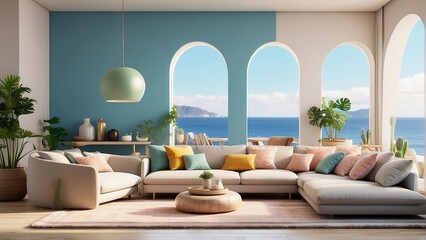 modern living room overlooking the ocean - obrazy, fototapety, plakaty