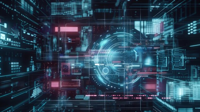 Tech inspired geometric grid layout with futuristic elements and digital overlays