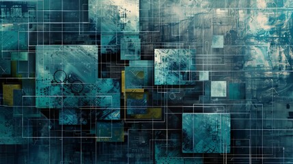 Tech inspired geometric grid layout with metallic textures and digital effects