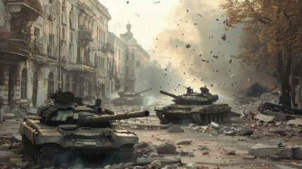 Tanks are positioned in the middle of a severely damaged street, showcasing a scene of war and destruction.