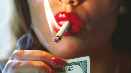 Close up of a burning hundred dollar bill held in female's beautiful fingers lighting the tip of a cigarette in her perfect lips 