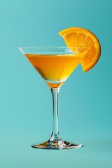 cocktail martini glass alcohol orange liquid lemon reflection retro summer party poster blue background photo pop art flat lay style copy space 