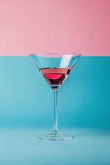 cocktail martini glass alcohol red liquid reflection retro summer party poster blue pink background photo pop art flat lay style copy space 